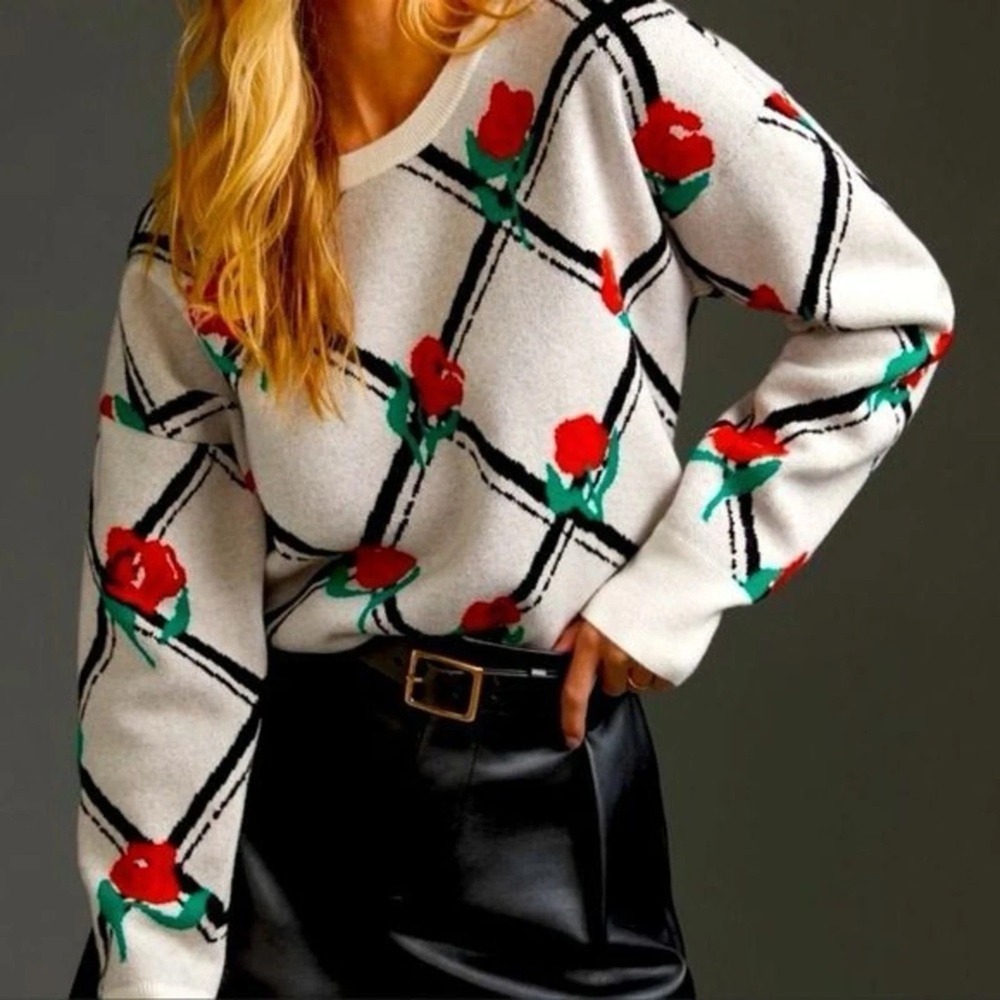 Anthropologie White Floral Grid Crewneck Sweater with Red & Green Accents